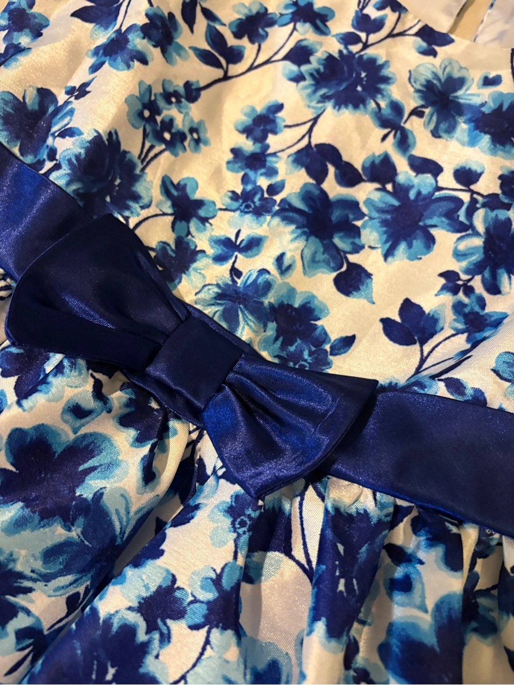 George Blue and White Floral Satin Bow Party Dress